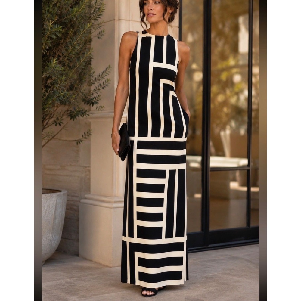 Donna Morgan Black White Geometric Stripe Halter Maxi Dress Pockets Size 6